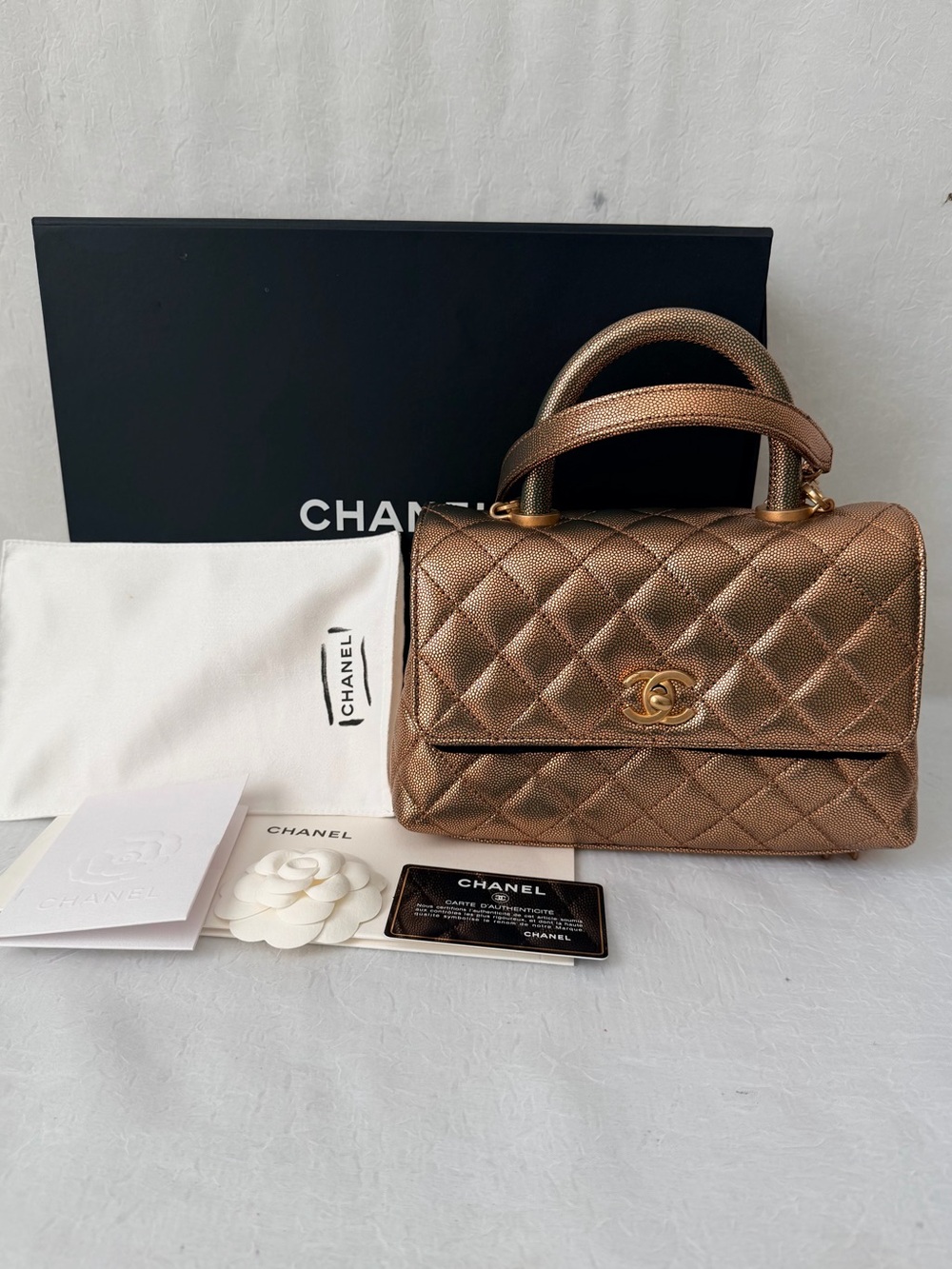 Auth CHANEL Coco Metallic Caviar Bronze Quilted Top-Handle RETAIL $6400